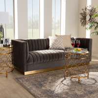 Baxton Studio TSF-BAX66113-Grey/Gold-SF Aveline Glam and Luxe Grey Velvet Fabric Upholstered Brushed Gold Finished Sofa